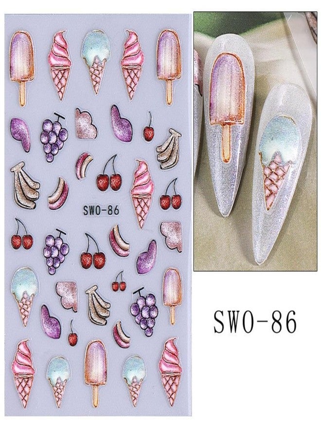 Sevgob Summer Nail Art Stickers 5D Embossed Ice Cream Cone Nail Stickers 3D Self-Adhesive Lollipop Nail Decals Gold Butterfly Nail Designs Fruit Flower Nail Art Decoration for Women Girls Manicure 3 Sheets - Image 3